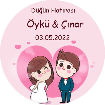 Kalp İçinde Anime Gelin Damat Temalı Akrilik Daire Magnet