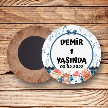 Kardan Adam ile Mavi Yılbaşı Temalı Ahşap Daire Magnet