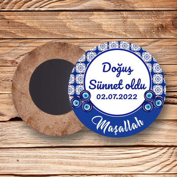 Kare Çini Desen ile Nazarlıklı Sünnet Temalı Daire Ahşap Magnet