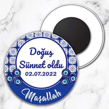 Kare Çini Desen ile Nazarlıklı Sünnet Temalı Daire Plastik Magnet