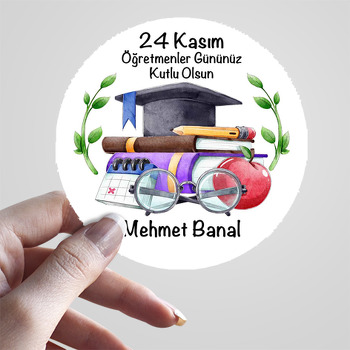 Kep Kitap Gözlük ve Elma ile Öğretmenler Günü Temalı Sticker