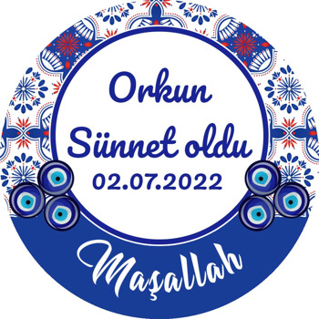 Kırmızı Beyaz Mavi Çini Desen ile Nazarlıklı Sünnet Temalı Akrilik Daire Magnet