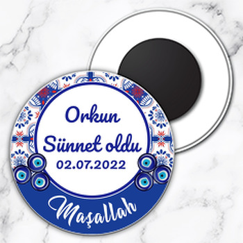 Kırmızı Beyaz Mavi Çini Desen ile Nazarlıklı Sünnet Temalı Daire Plastik Magnet