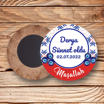 Kırmızı Çini Desende Nazar Boncuğu ile Sünnet Temalı Daire Ahşap Magnet