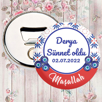 Kırmızı Çini Desende Nazar Boncuğu ile Sünnet Temalı Magnet Açacak