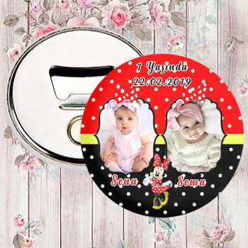 Kırmızı İkiz Minnie Temalı Fotoğraflı Magnet Açacak