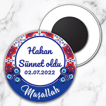 Kırmızı Mavi Çini Desende Nazar Boncuğu ile Sünnet Temalı Daire Plastik Magnet