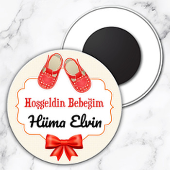 Kırmızı Rugan Bebek Ayakkabısı Temalı Daire Plastik Magnet