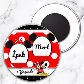 Kırmızı Siyah Mickey İkiz Temalı Daire Plastik Magnet