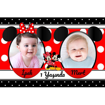 Kırmızı Siyah Mickey İkiz Temalı Doğum Günü Magnet