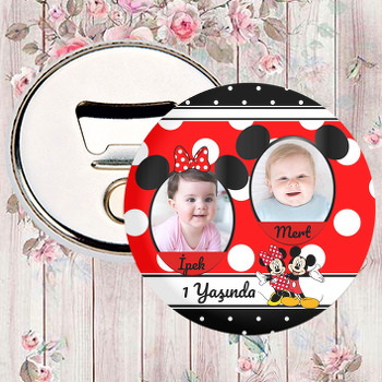 Kırmızı Siyah Mickey İkiz Temalı Fotoğraflı Magnet Açacak