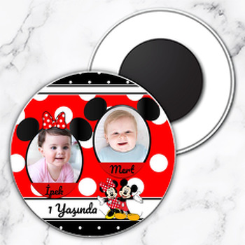 Kırmızı Siyah Mickey İkiz Temalı Resimli Daire Plastik Magnet