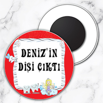 Kırmızı Zeminli Diş Temalı Daire Plastik Magnet