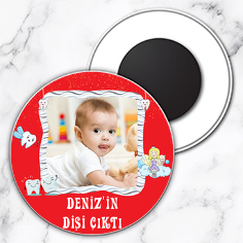 Kırmızı Zeminli Diş Temalı Resimli Daire Plastik Magnet