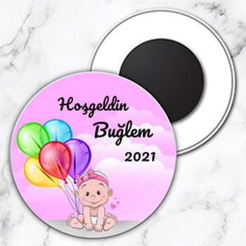 Kız Bebek ile Renkli Balonlar Temalı Daire Plastik Magnet