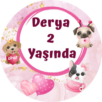 Köpekler ile Pembe Fon Temalı Akrilik Daire Magnet