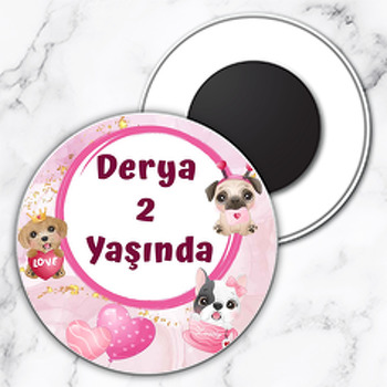 Köpekler ile Pembe Fon Temalı Daire Plastik Magnet 