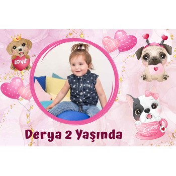 Köpekler ile Pembe Fon Temalı Plastik Magnet