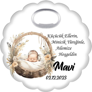 Krem Çiçekli Sepette Minicik Bebek Temalı Çiçek Şekilli Magnet Açacak