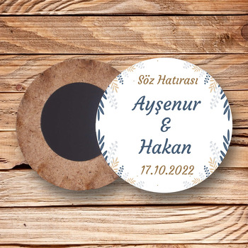 Krem Gri Lacivert Yapraklar Temalı Daire Ahşap Magnet