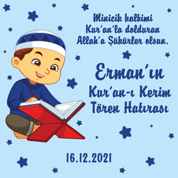 Kuran Okuyan Çocuk ile Lacivert Yıldızlar Temalı Kare Afiş