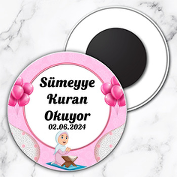 Kuran Okuyorum Pembe Temalı Daire Plastik Magnet