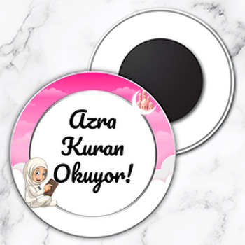 Kuranı Kerim Okuyorum Pembe Temalı Daire Plastik Magnet