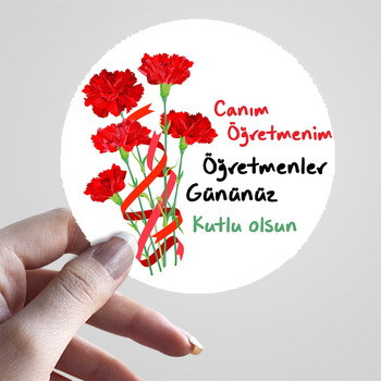 Kurdeleli Kırmızı Karanfiller ile Öğretmenler Günü Temalı Sticker