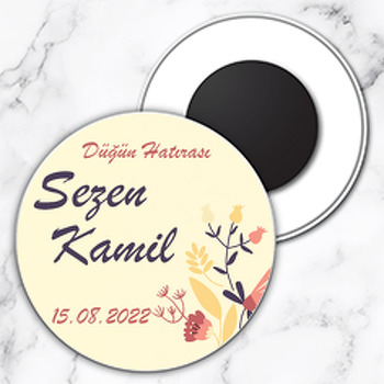 Kuru Çiçek Desenleri ile Krem Fon Temalı Daire Plastik Magnet