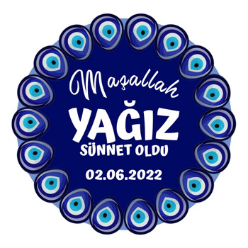 Lacivert Fonda Nazar Boncuğu Çerçeve ile Sünnet Temalı Akrilik Daire Magnet