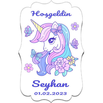 Lila Çiçekli Işıltılı Unicorn Temalı Özel Kesim Magnet