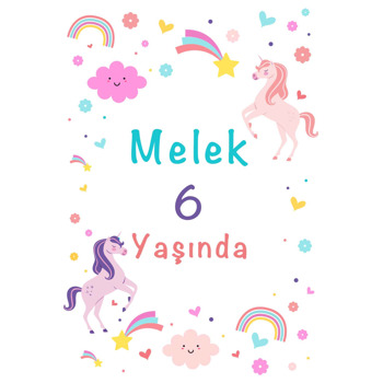 Lila ile Pembe Unicorn Temalı Doğum Günü Magnet