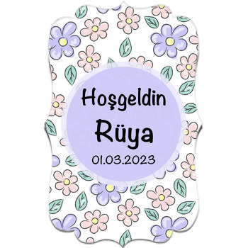 Lila Pembe Çiçek Desen ile Beyaz Fon Temalı Özel Kesim Magnet