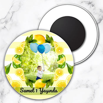 Limon Çerçeve ile Çizgili Fon Temalı Daire Plastik Magnet