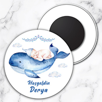 Mavi Balina ile Bebek Temalı Daire Plastik Magnet