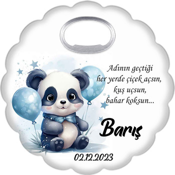 Mavi Balonlar ve Yıldızlar ve Panda Temalı Çiçek Şekilli Magnet Açacak