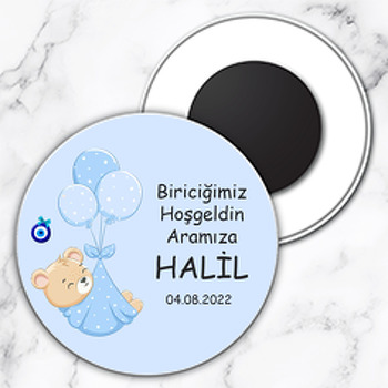 Mavi Balonlarla Bohçada Ayıcık Temalı Daire Plastik Magnet