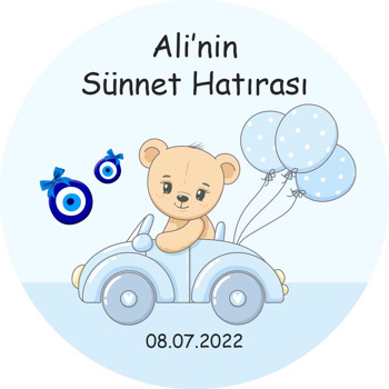 Mavi Balonlu Arabalı Ayıcık ile Sünnet Hatırası Temalı Sticker