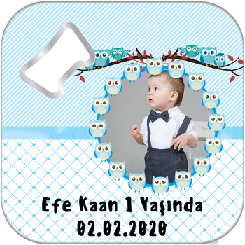 Mavi Baykuş Temalı Kare Magnet Açacak