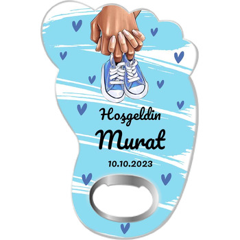 Mavi Bebek Ayakkabısı ile Kalpli Mavi Fon Temalı Ayak İzi Magnet Açacak