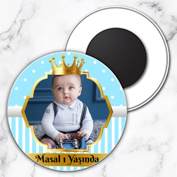 Mavi Beyaz Puantiye ile Gold Çerçeve Temalı Daire Plastik Magnet