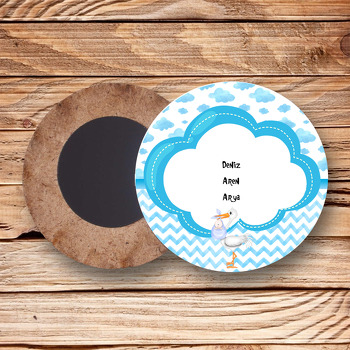 Mavi Bulut Baby Shower Temalı Ahşap Daire Magnet