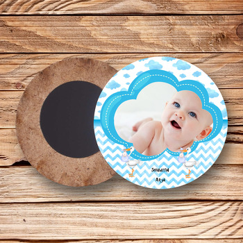 Mavi Bulut Baby Shower Temalı Resimli Ahşap Daire Magnet