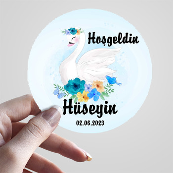 Mavi Çiçekli Kuğu Temalı Sticker