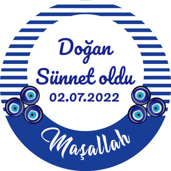 Mavi Çizgili Fonda Çintemani Nazar Boncukları ile Sünnet Temalı Akrilik Daire Magnet