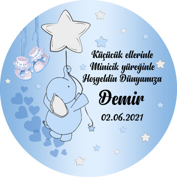 Mavi Fil ile Yıldız Balon Temalı Akrilik Daire Magnet