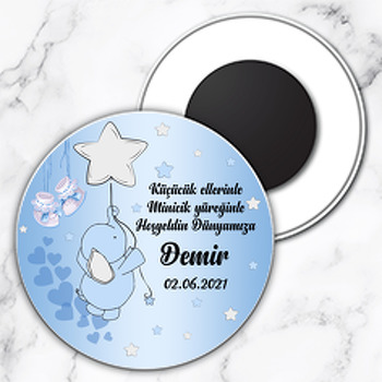 Mavi Fil ile Yıldız Balon Temalı Daire Plastik Magnet