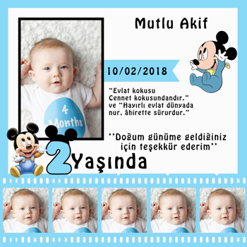 Mavi Film Şeritli Mickey 2 Yaş Temalı   Kare Parti Afiş