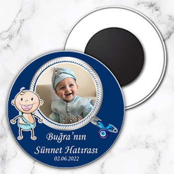 Mavi Maşallah Flamalı Bebek ile Lacivert Fon Temalı Daire Plastik Magnet