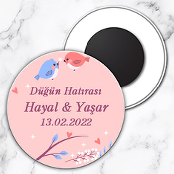 Mavi Pembe Kumrular Pembe Dallar Temalı Daire Plastik Magnet